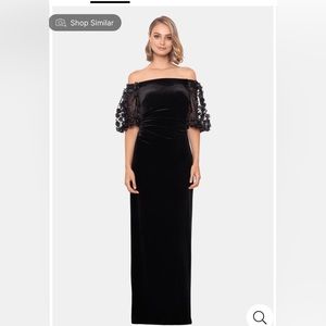 Elegant maxi length soft velvet evening gown by Escape.